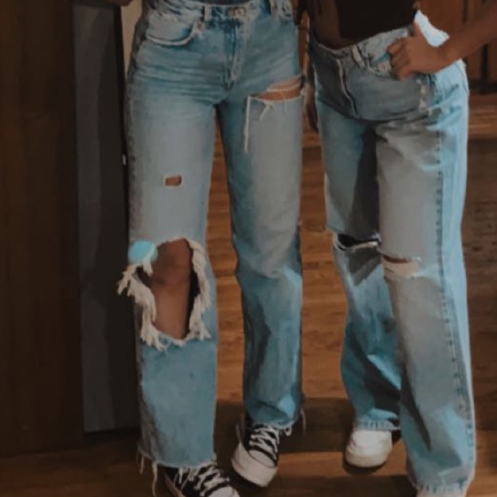 (Left) ZARA high waisted distressed light washed jeans